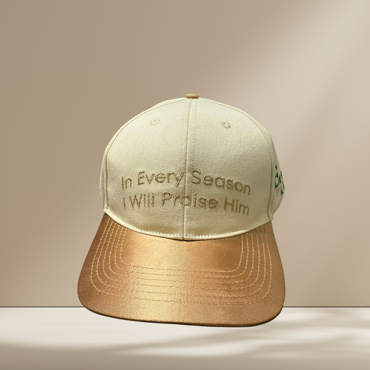 Silk-Lined Baseball Hat – In Every Season I Will Praise Him (Cream/Gold)